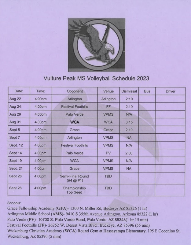 Girl's Volleyball Schedule